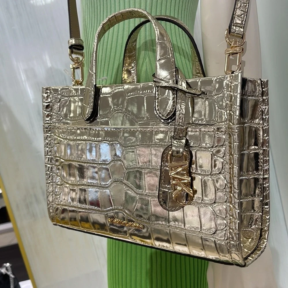 Michael Kors Gigi Small Metallic Crocodile Embossed Leather Messenger Pale Gold